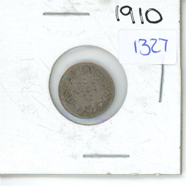 1910 Canadian Small 5 Cent Coin - 92.5% Silver, 7.5% Copper