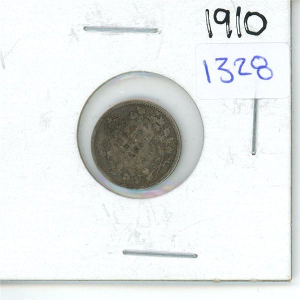 1910 Canadian Small 5 Cent Coin - 92.5% Silver, 7.5% Copper