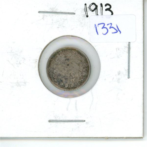 1913 Canadian Small 5 Cent Coin - 92.5% Silver, 7.5% Copper