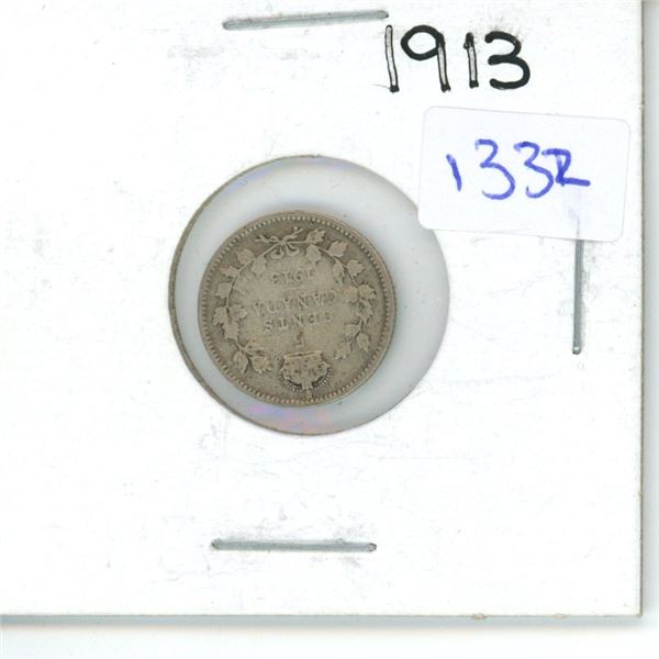 1913 Canadian Small 5 Cent Coin - 92.5% Silver, 7.5% Copper