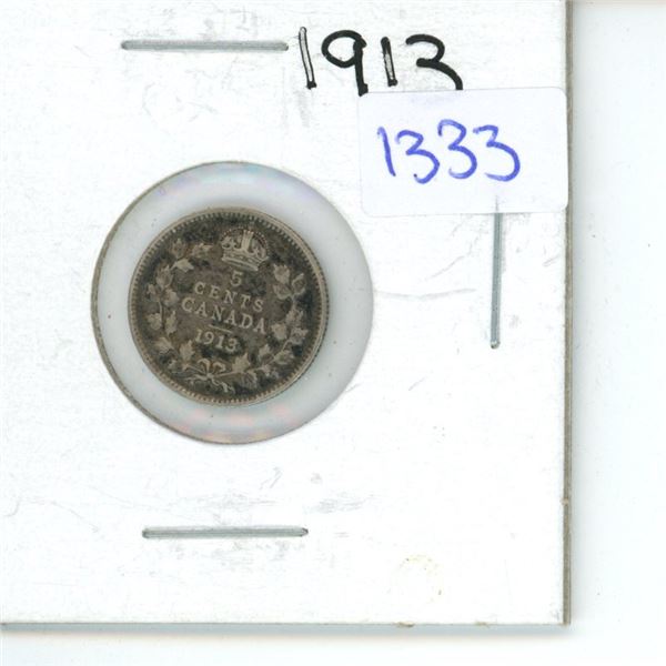 1913 Canadian Small 5 Cent Coin - 92.5% Silver, 7.5% Copper