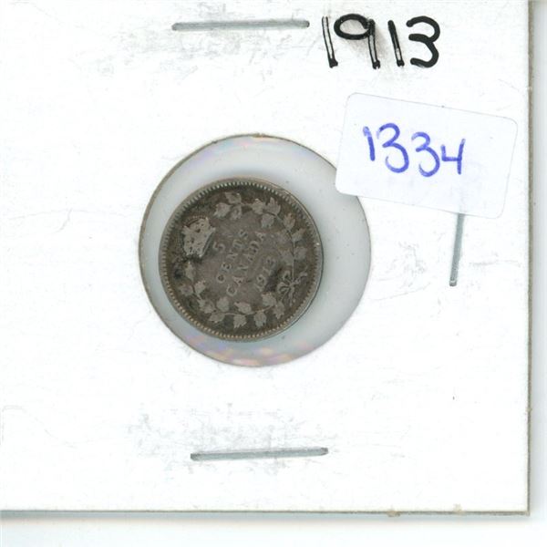 1913 Canadian Small 5 Cent Coin - 92.5% Silver, 7.5% Copper