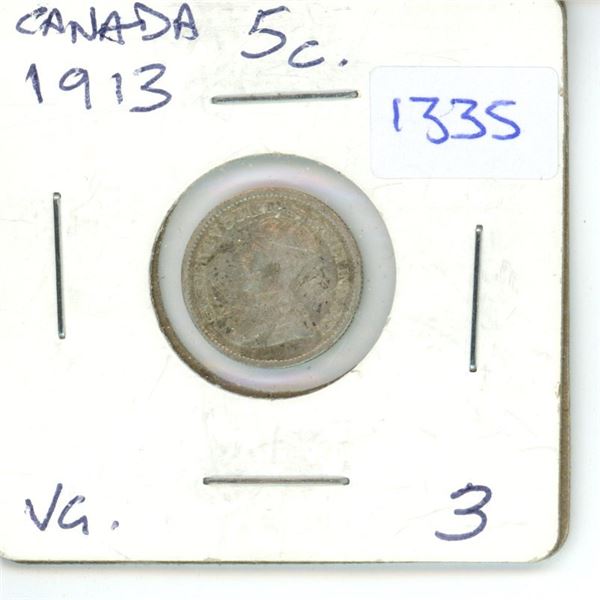 1913 Canadian Small 5 Cent Coin - 92.5% Silver, 7.5% Copper