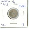 Image 1 : 1913 Canadian Small 5 Cent Coin - 92.5% Silver, 7.5% Copper