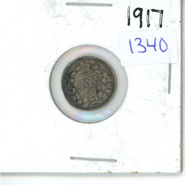 1917 Canadian Small 5 Cent Coin - 92.5% Silver, 7.5% Copper