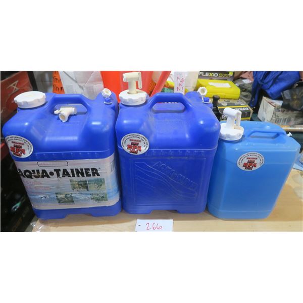 3 water containers - 2 26.5L (1 with broken spout and crack) and 1 10L