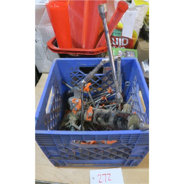 milk crate with tent pegs, grease gun, tire iron, hitch lock (no key), etc.