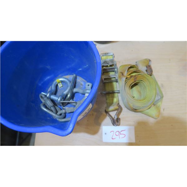 bucket with ratchet strap, shackles, hitch pins