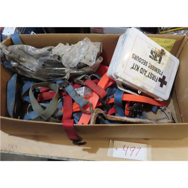 Lot of Assorted Ratchet straps, bungee cords, first aid kit, etc.