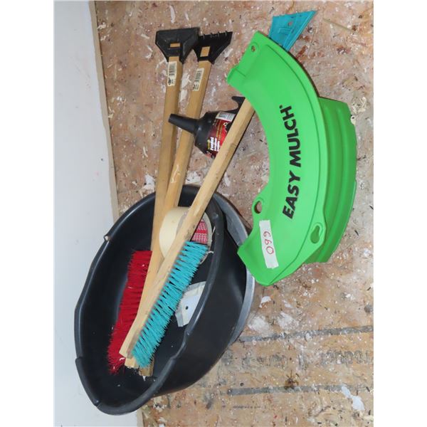 lot of assorted car items (window scrappers, plastic oil catch-all, funnel, etc.)