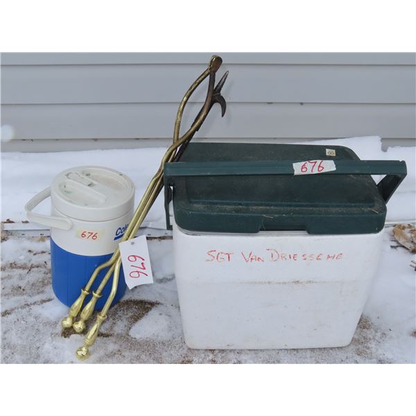 2 Coleman coolers + fireplace tongs