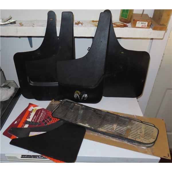 Assorted Dodge truck mud flaps and stainless winter shields