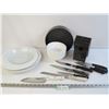 Image 1 : (8) Knives - (10) Bowls - Knife Block (no knives) - Assorted Plates & Bowls