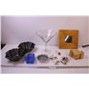 Image 1 : Novelty Martini Glass, (2) Taco Salad Bowl Moulds, Wood Framed Mirror +Misc