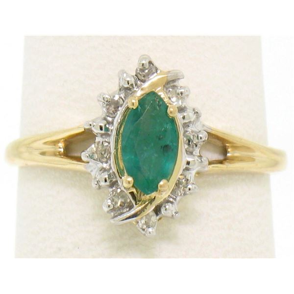 Petite 14k Yellow Gold .47 ctw Marquise Emerald Solitaire Round Diamond Halo Rin