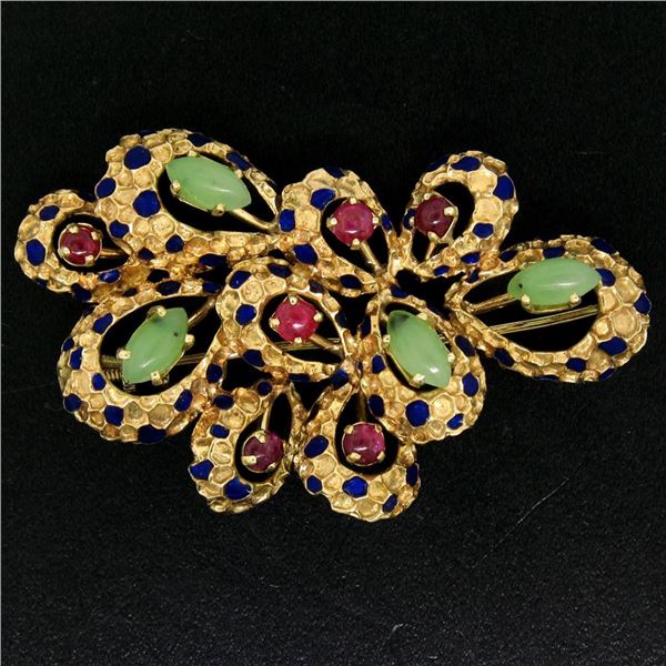 Vintage Large Textured 14K Yellow Gold Jade Ruby Blue Enamel Freeform Pin Brooch