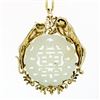 Image 7 : Vintage Large 14k Gold Carved Pierced Jade Pendant w/ Detailed Dual Cat Frame