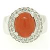 Image 1 : 14k White Gold Oval Cabochon Red Coral Ring w/ 2.10 ctw Diamond Halo