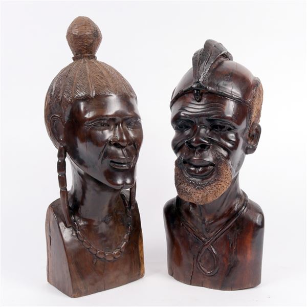 African Hand Carved Man and Lady Heads, 2 [160661]