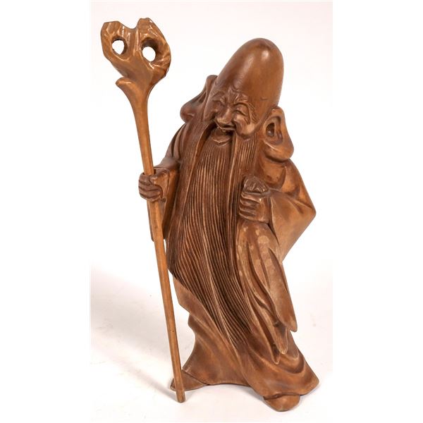 Carved Wood Laughing Asian Man With a Staff [161315]