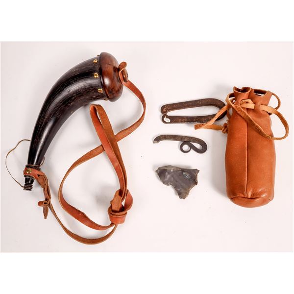 Buffalo Horn Powder Horn with Flint and Steel  [157462]