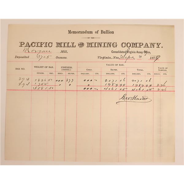 Pacific Mill & Mining Co. Assay Memorandum for Huge Ingots (Rare Comstock) [160260]