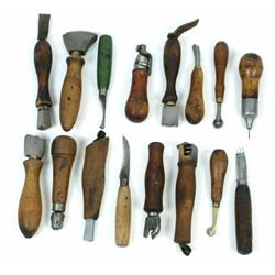 Collection of 16 miscellaneous old leather tools.