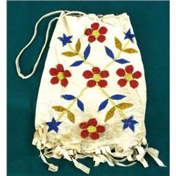 Floral beaded on buckskin drawstring pouch bag