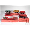 Image 1 : Selection of vintage Hornby O gauge rail cars including Trolley Wagon, Guard's Van, Wagon Plat, Gas 