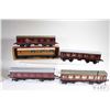 Image 1 : Five vintage Hornby O gauge passenger cars, one with original box, some with re-painted roofs