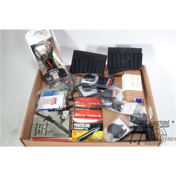 Selection of gun misc. including BoreSnakes, scope rings, 6.5 MS die set, three rifle locks, gun lub