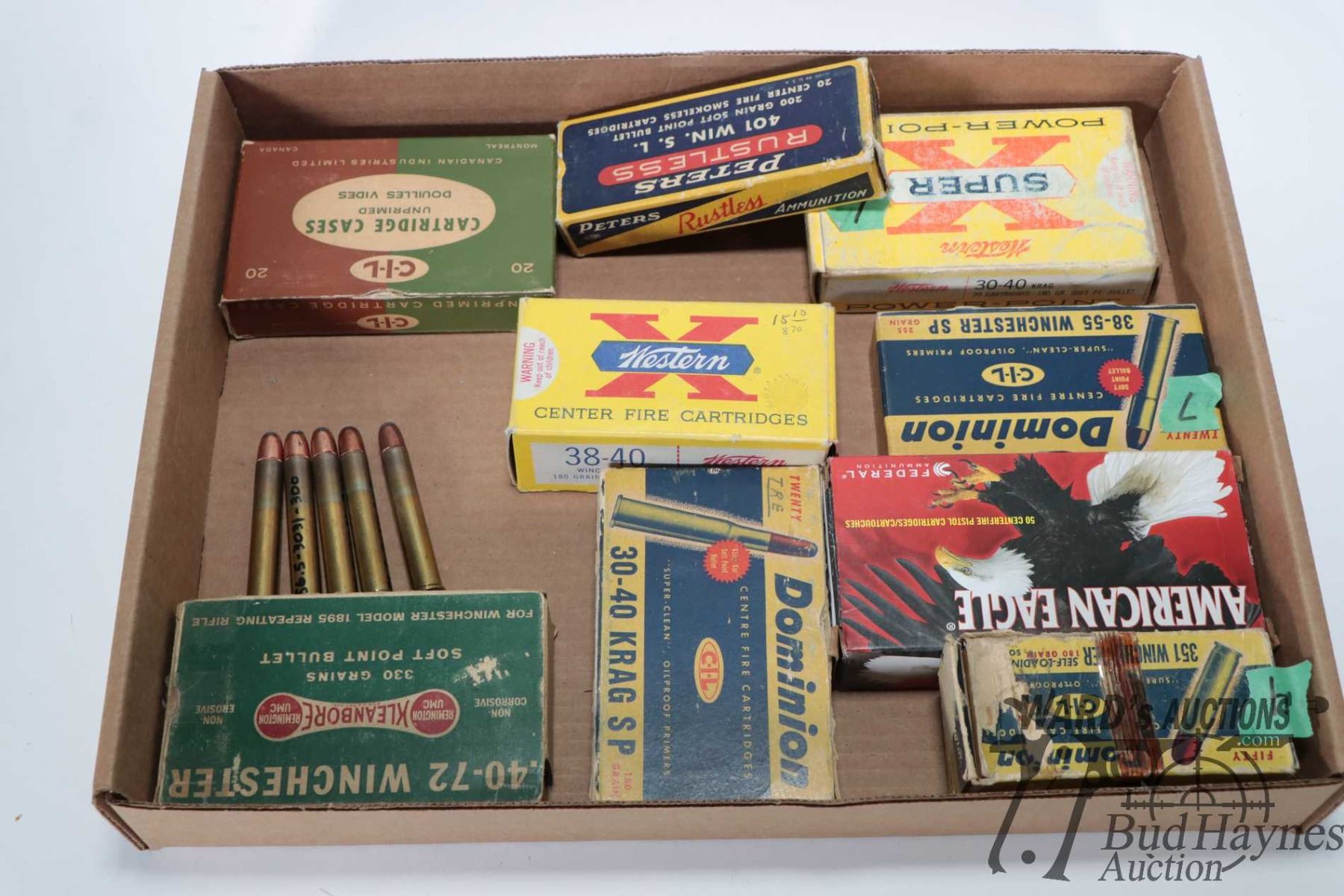 Count Boxes Two 20 count boxes and one 7 count box of .30-40 Krag reloads, one 50 ...
