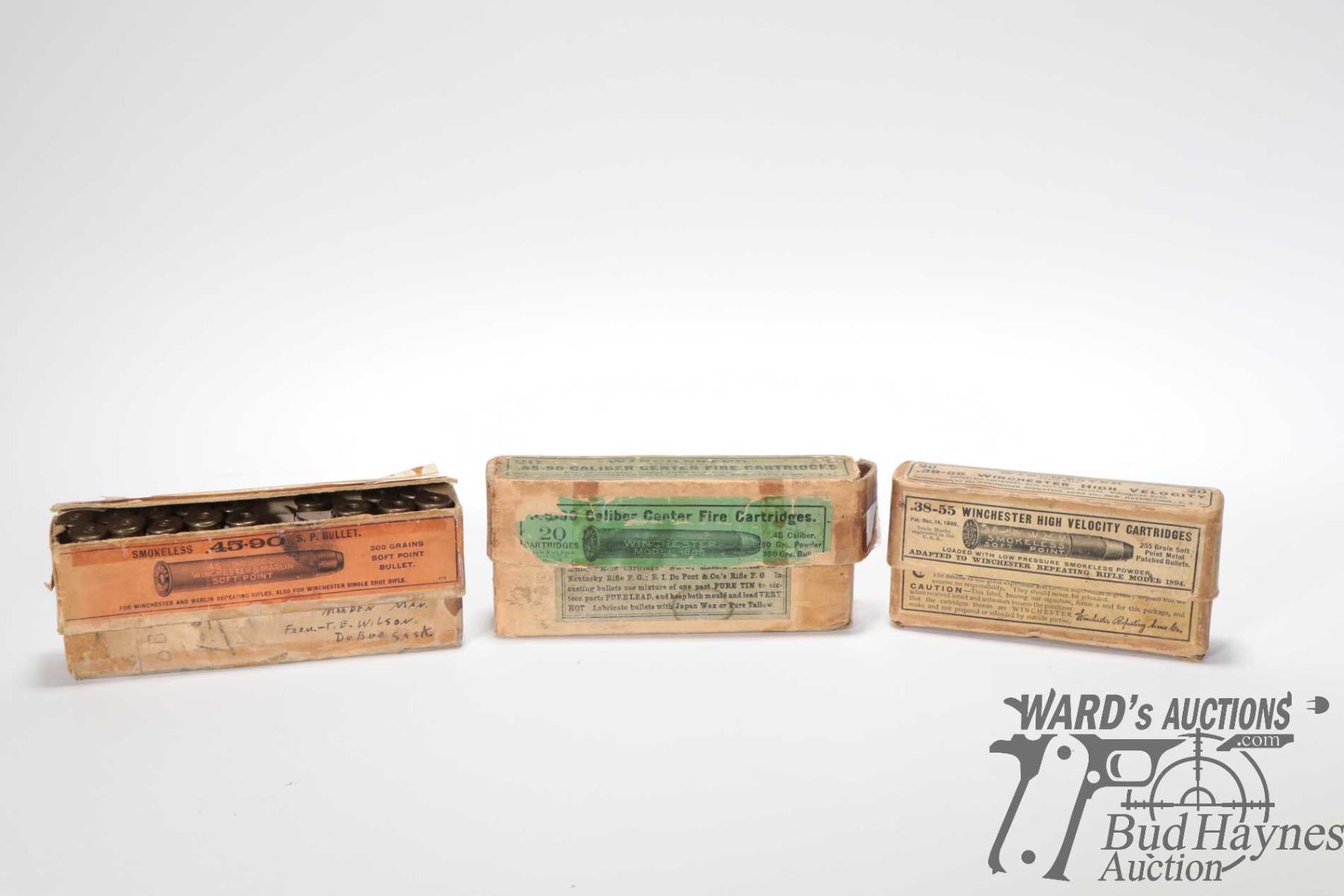 Count Boxes Three vintage ammo boxes including one 20 count box with 16 brass .45 ...