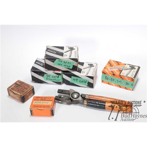 Selection of Lyman moulds including .45 Colt, .44 Special, .45 Cold, .452, .350, .30 CAL and a pair