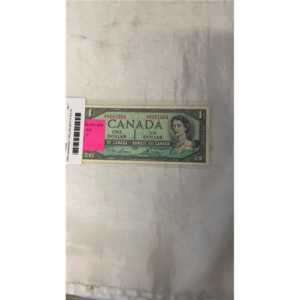 1954 CANADIAN 1 DOLLAR WITH 4 "6"S IN SERIAL NUMBER