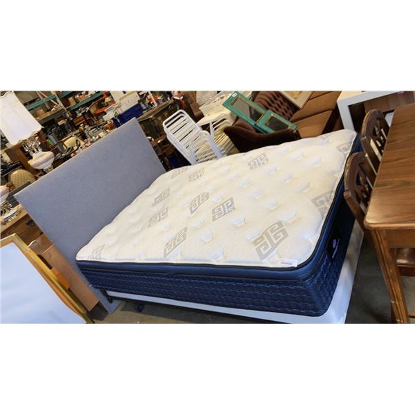 DOUBLE SIZE KINGSDOWN MATTRESS WITH BOX SPRING, FABRIC HEADBOARD AND ROLLER FRAME