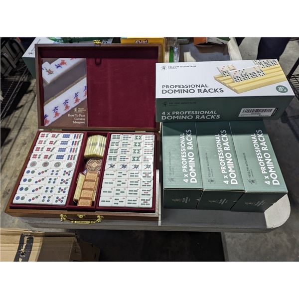 NEW MAHJONG SET AND 4 BOXES OF PROFESSIONAL DOMINO RACKS