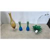 Image 1 : 3 PIECE MCM ART GLASS - 2 AMBRINA BLUE GREEN VASES AND OMBRE JEANETTE GLASS COMPANY VASE AND GREEN G