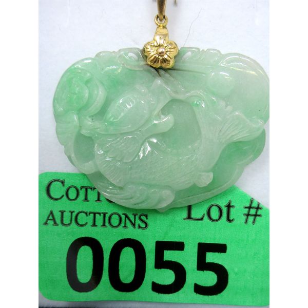 18 KT Gold Chinese Jade Koi Motif Pendant