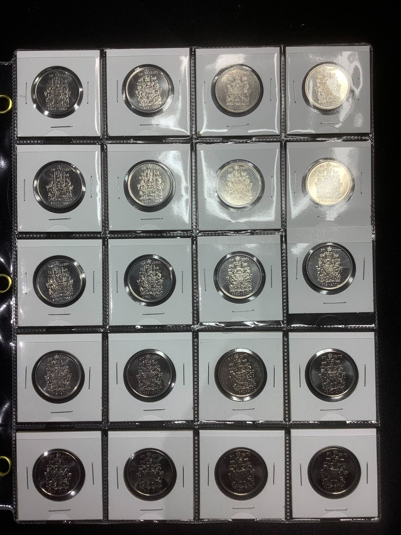 Canadian Coin Collection Sheets SHEET OF 20 CANADIAN 50 CENT COINS - Able Auctions
