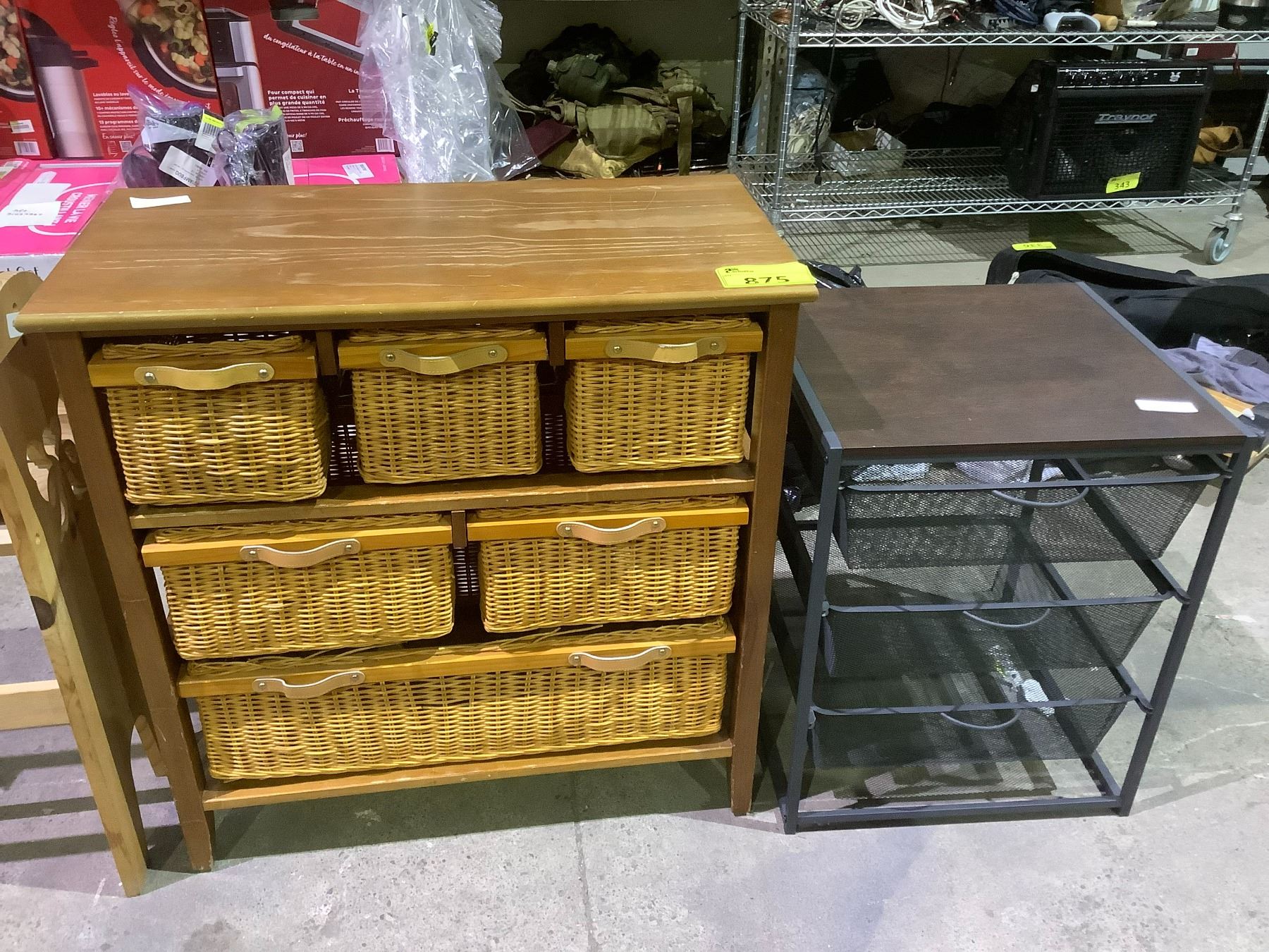 METAL FRAME OPEN MESH STORAGE UNIT AND WOOD FRAME WICKER STORAGE UNIT