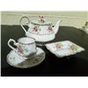 Image 2 : 4 PIECES ROYAL ALBERT PETIT POINT DEMITASSE TEACUP, SAUCER, TEAPOT & CANDY DISH