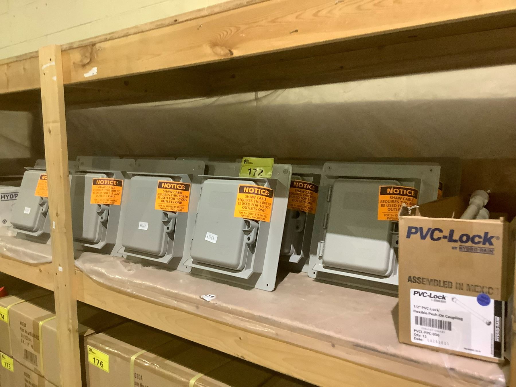 12 CATV CABLE BOXES AND BOX OF PVC -LOCK 1/2 FLEX ABLE PUSH ON COUPLING