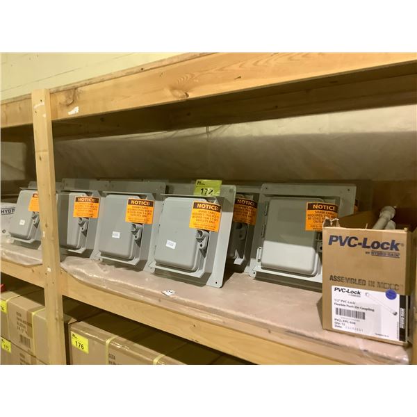 12 CATV CABLE BOXES AND BOX OF PVC -LOCK 1/2 FLEX ABLE PUSH ON COUPLING