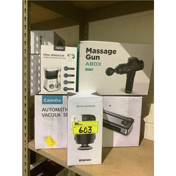 ASSORTED ITEMS INCLUDING; MASSAGE GUN, ORAL IRRIGATOR, VACUUM SEALER & MOSQUITO KILLER