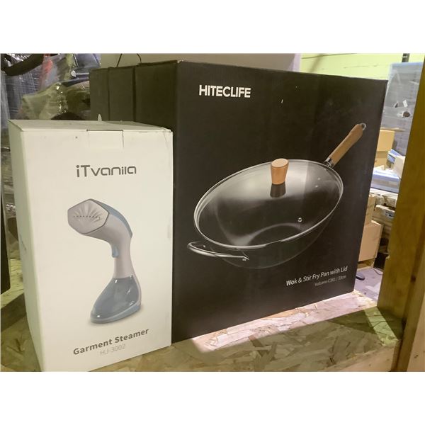 ITVANILA GARMENT STEAMER HJ-3002 & HITECLIFE WOK & STIR FRY PAN WITH LID VULCANO C381