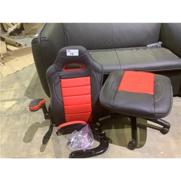 RED AND BLACK GAMING CHAIR, MISSING ONE WASHER AND ONE BOLT