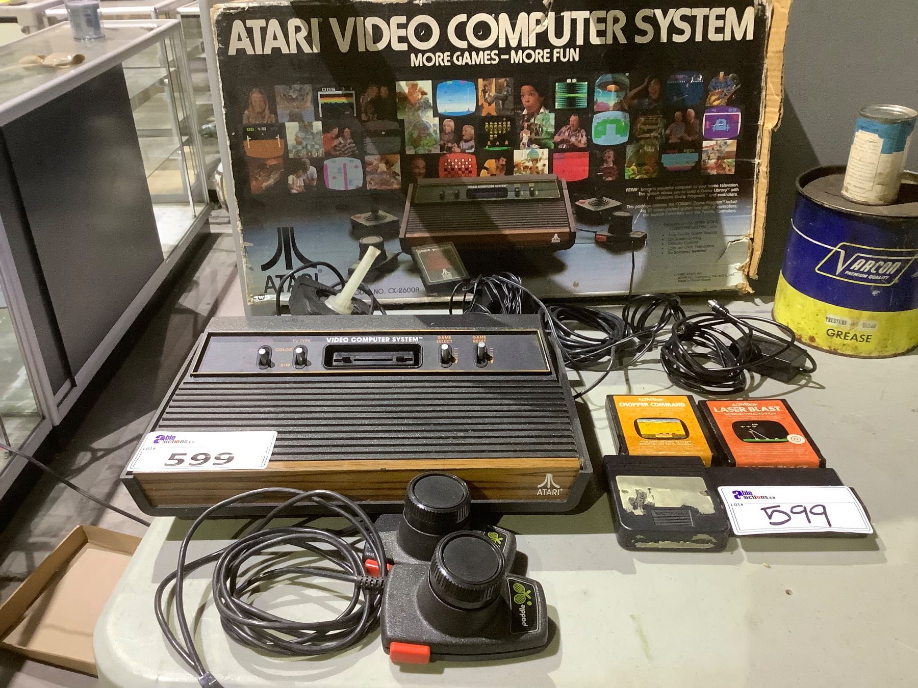 ATARI VIDEO COMPUTER SYSTEM WITH PADDLE CONTROLS, POWER SUPPLY & 4 GAMES