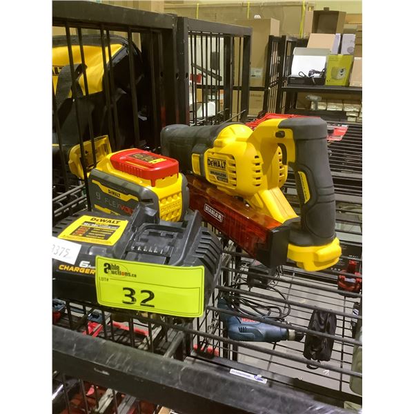 DEWALT BRUSHLESS RECIPROCATING SAW, FLEXVOLT BATTERY, CHARGER AND SAW BLADES