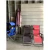 Image 1 : 2 PATIO UMBRELLAS, FOLDING CAMP CHAIR AND PATIO LOUNGE CHAIRS